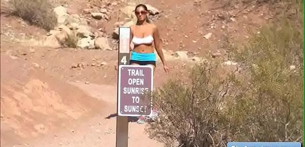  Gorgeous natural sexy big tit redhead amateur girl Stacy goes for a run and start masturbate with sex dildo in the desert